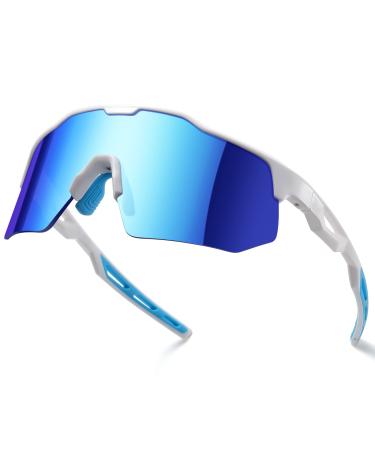 SummerLight Viper Sunglasses Wrap Around Sport for Men Women, UV 400 Protection Cycling Baseball Running Golf Driving Goggles White Frame Blue Mirorr Lens