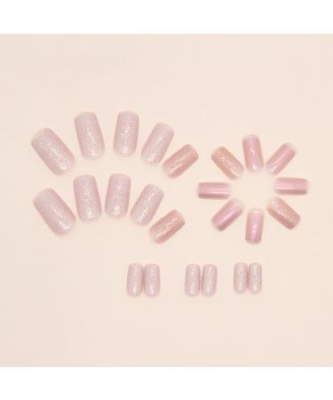 SINLOV Short Square Fake Nails Pink French False Nail Glossy Sequins Full Cover False Nails Press on False Nails for Women and Girls  - Buy Online on GoSupps.com