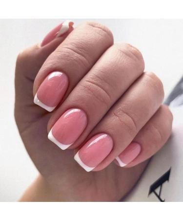 Pink French False Nails Acrylic French Stick on Nails 24pcs Strong Short Square French Style Press On Nails with Glue Elegant White Tips Design Fake Nails for Women Girls (Short Square- Pink C)