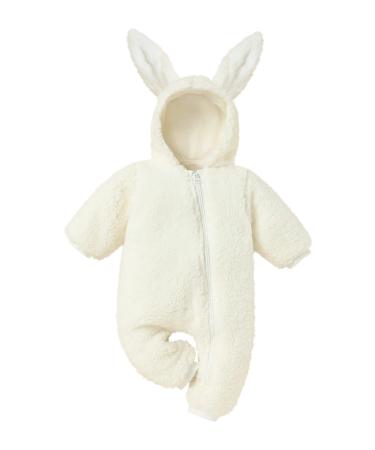 Newborn Baby Boy Girl Romper Unisex Warm Jumpsuit Rabbit Ear Onesies Zipper Bodysuit Bunny Pajamas for 0-18M 6-12 Months White