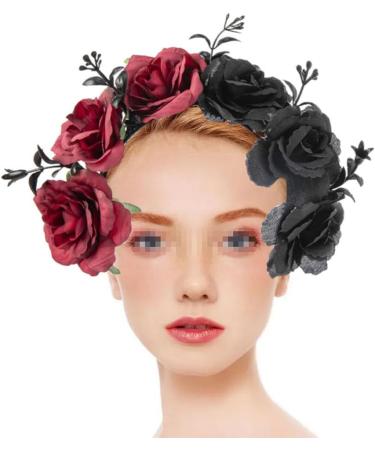Black and Red Rose Flower Headband Rose Flower Crown Mexican Headpiece Floral Crown Garland Halo for Festival Wedding Party Halloween - Buy Online on GoSupps.com