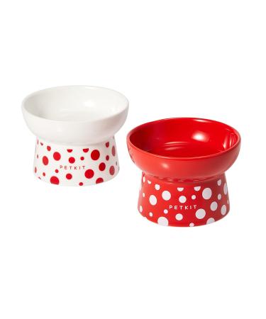 PETKIT Ceramic Raised Cat Food Bowls, Elevated Cat Food and Water Bowls Set, Elevated Porcelain Pet Kitty Puppy Dish Bowls TWO BOWLS-White and Red