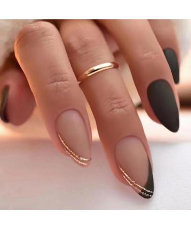 Matte Black Press on Nails Almond Short Medium French Tip Fake Nails with Gold Line Design Acrylic Gel Glue on Nails for Wedding Birthday Manicure Stick on Nails with Glue False Nails LPP687