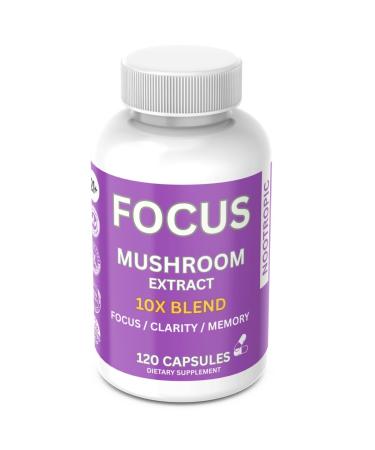 Focus 10x Complex Mushroom Capsules Per Jar Focus Clarity Memory Overall Wellness Road Trip Non GMO Gluten Free 100% Natural Lab Tested Lions Mane White Button Turkey Tail (120 Capsules)