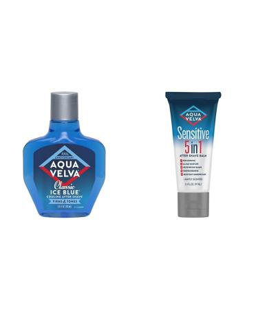 Aqua Velva After Shave Bundle, 5 in 1 Sensitive After Shave Balm for Men, Facial Moisturizer, 3.3 oz + Classic Ice Blue After Shave, 3.5 oz
