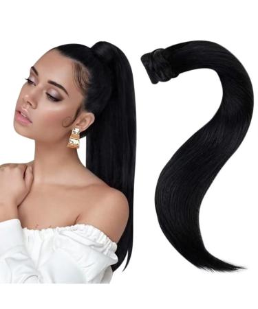 Easyouth Black Ponytail Hair Extensions Human Hair Wrap Around Extensions Jet Black Ponytail Extensions Real Hair Short 12 Inch 70g 30 cm/12" 4-Pony #1