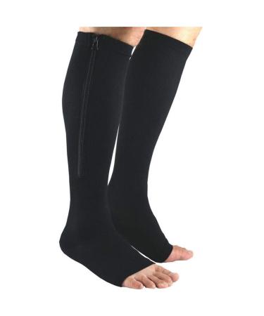 JHKJ 2 Pairs Compression Socks Men/Women Open Toe Leg Support Knee High Socks with Zipper Black XXL