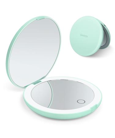 Compact Rechargeable Lighted Makeup Mirror for Travel, Purse and Handbags,1X and 10X Magnifying Handheld Makeup Mirror with 10 LEDs Lights, Large 5” Wide Illuminated Double Side Folding Mirror Green