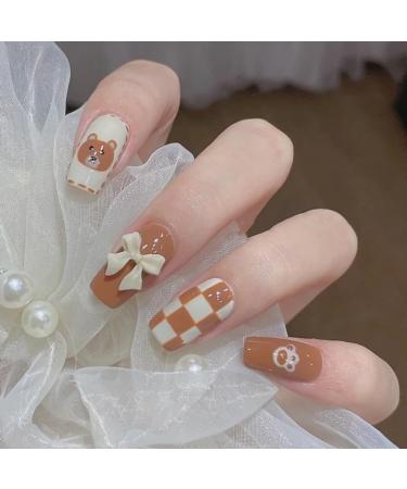 Nail dressing medium length brown checkerboard teddy bear nail patch fake nail 24 pieces 1 count (Pack of 1) Brown - Buy Online on GoSupps.com