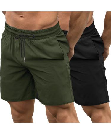 COOFANDY Men's 2 Pack Gym Workout Shorts Quick Dry Bodybuilding Weightlifting Pants Training Running Jogger with Pockets 01-black/Olive Green Medium