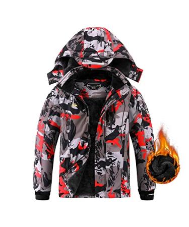 AFILOK Boy's Ski Jacket Waterproof Breathable Kids Fleece Lined Windproof Hooded Snowboard Coats Red Camouflage 14-16