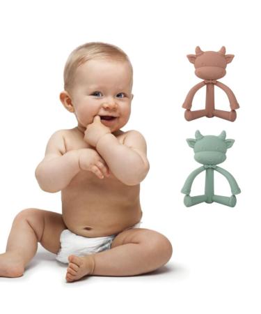 Baby Teething Toys - Cute Cow Silicone Teether for Sore Gums Relief - Gray Green Infant Chewing Toy - Buy Online on GoSupps.com