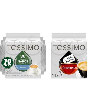 Tassimo Nabob Espresso Single Serve T-Discs 110g (5 Boxes of 14 T-Discs) & Carte Noire Americano Coffee Single Serve T-Discs 114g Coffee+Single Serve T-Discs 114g