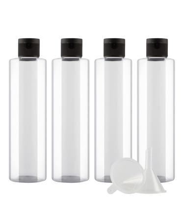 Zeoabsy 4 pieces empty 250ml transparent pet plastic bottle with black hinged lid flat shoulder portable bottle for cosmetic fluids oil travel transparent 250ml