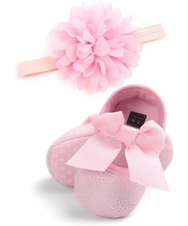 Baby Girls First Walking Shoes | Mary Jane Flats with Bow-Knot and Headband | Anti-Slip Soft-Soled Princess Shoes | 6-12 Months Pink - Buy Online on GoSupps.com