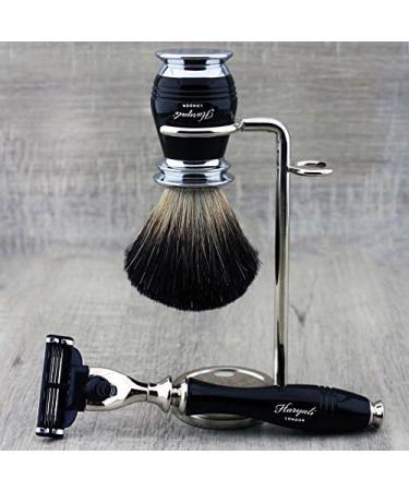 Mens Grooming & Shaving Kit - 4Pc Set with 3 Edge Razor Black Badger Hair Brush Stand & Alum Pencil for Perfect Shave - Buy Online on GoSupps.com