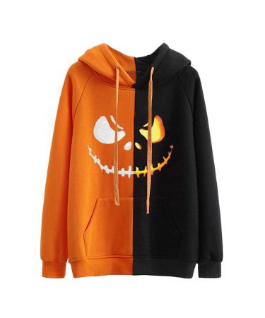 Bigfanshu Women's Two-Color Stitching Weird Face Print Hoody Long Sleeve Halloween Pullovers Sweatshirts Casual Tops Orange