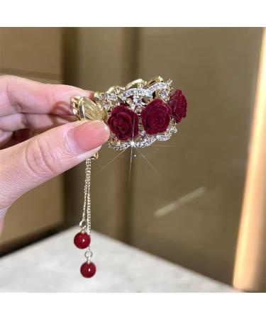 Red Rhinestone Hair Clip  Metal Rose Rhinestone Hair Clips Barrettes Ponytail Clip  Non-slip Hair Claw Clip  Tassel Hairclips Hairpin  Decorative Hairpins  Hair Accessories For Girls (1Pcs)