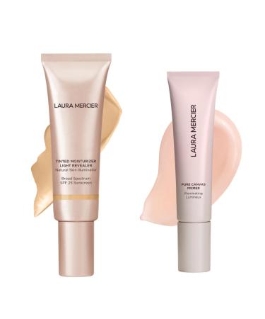 Laura Mercier Tinted Moisturizer Light Revealer with SPF 25 Luminous Finish Shade 2W1 Natural and Pure Canvas Primer Illuminating Improves and Extends Wear of Makeup Radiant Finish Bundle