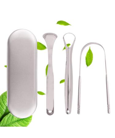 Tongue cleaner stainless steel 3 pieces of tongue scraps with carrier bag Medical quality metal tongue brush tongue cleaner for fresh breath oral care hygiene healing bad breath bacteria - silver