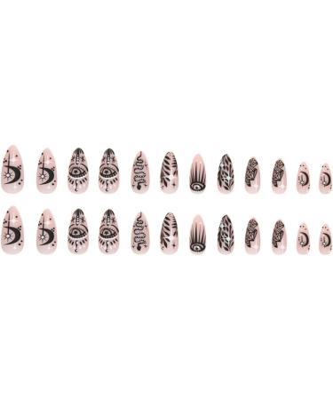 Justotry 24 Pcs Snake and Star Pattern Black French Press on False Nails - Medium Almond Shape with Nail Glue | Stick on Fake Nails for Women Nail Art - Buy Online on GoSupps.com
