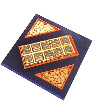 Ghasitaram Gifts Diwali Gifts Diwali Dryfruits - Blue Velvet Tray of Assorted Chocolates Almonds and Cashew Pouches Diwali Tray of Chocolates Almonds and Cashew