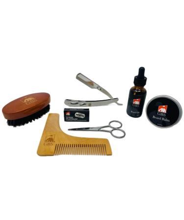 G.B.S Beard Styling Kit Scissors Boar Bristle Beard Brush Citrus Scented Beard Oil and Beard Balm Shavette Folding Razor