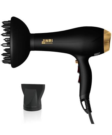 JINRI 2000 Watts Hair Dryer Professional Salon Blow Dryer Lightweight Powerful Travel Hairdryer Cool Hot Button 3 Heat & 2 Speed Settings with Concentrator Nozzle Black