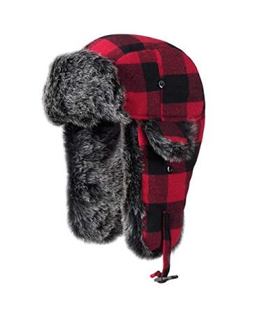 ONWAY Buffalo Plaid Aviator Fur Trapper Hat Ushanka Eskimo Russian Bomber Hat with Ear Flaps for Women Men Red
