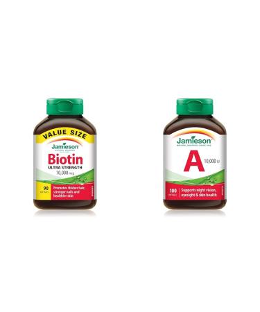 Jamieson Biotin 10 000 mcg Ultra Strength Softgels - Value Size Gluten-free 90 Count (Pack of 1) & 10 000 IU 100 Count (Pack of 1) Biotin + Vitamin A 10 000 IU