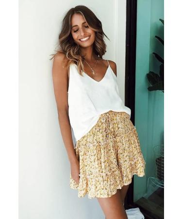 LAEMILIA Womens Floral Print Elastic Waist Flared Mini Skater Skirt - Yellow - Buy Online on GoSupps.com
