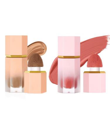 Liquid blush and contour make-up set soft light breathable feeling of built-in sponge. Pointed face make-up gift set (#rouge 03+contour 01) #rouge 03+contour 01 1 g (1 Pack)