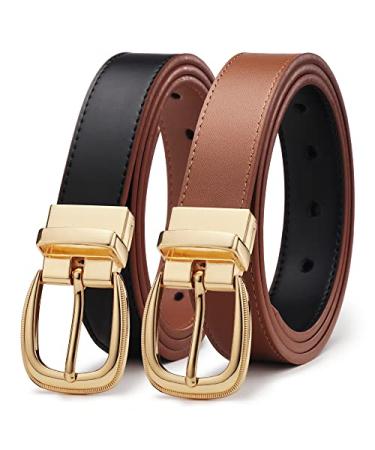 Womens Leather Belt, CR Reversible Belt for Women with Rotated Gold Buckle, 1.1" Width Casual Womens Belts for Jeans Pants Black+burnt Orange 35-37 (Fits Pants 12-14 )
