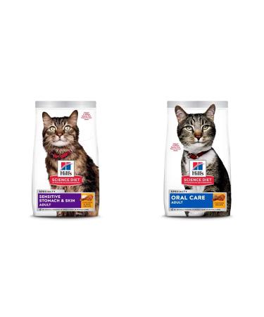 Hill's Science Diet Adult Sensitive Stomach & Skin Dry Cat Food Chicken & Rice Recipe 7 lb Bag & Adult Oral Care Chicken Recipe Dry Cat Food for Dental Health 7 lb Bag