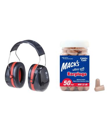 3M H10A Peltor Optime 105 Over the Head Earmuff Ear Protectors Red & Mack's Ultra Soft Foam Earplugs 50 Pair - 33dB Highest NRR Comfortable Ear Plugs for Sleeping Snoring Travel Concerts Over-the-head Earmuff + Soft Foam Earplugs