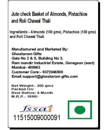 Ghasitaram Gifts Rakhi Gifts for Brothers Jute Check Basket of Almonds Pistachios and Roli Chawal Thali with 2 Green Beads Rakhis - Buy Online on GoSupps.com