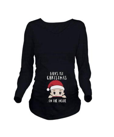 Humor Maternity Top Funny Pregnancy Pregnant T Shirt Long Sleeve-Santa Baby Black S