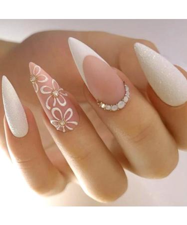 French Tip Press on Nails - Long Pointed Tip Press On Nails with Nail Tips White Petal Glitter Rhinestones Design Glossy white press on nails Acrylic False Nails Cute Artificial Nails