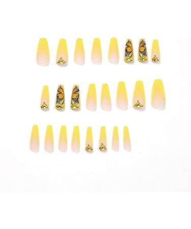 Justotry 24 Pcs Diamante Butterfly Yellow French Press on Nails | Medium Ballerina Stick on False Nails with Glue - Acrylic Coffin Nails for Women - Buy Online on GoSupps.com