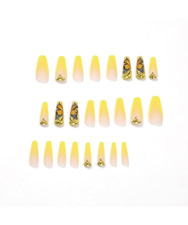 Justotry 24 Pack Yellow French Coffin Nails - Butterfly Design Artificial Press-On Ballerina Fake Nails for Women - Buy Online on GoSupps.com