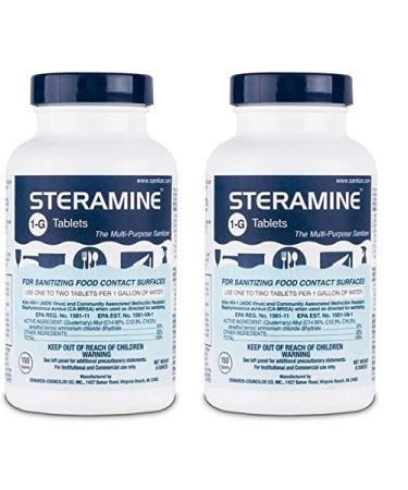 Steramine Sanitizing Tablets For Sanitizing Food Contact Surfaces Kills E-Coli HIV Listeria 1-G 150 Sanitizer Tablets per Bottle Blue Pack of 2 Bottles