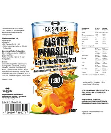 C.P.Sports Sugar-Free Iced Peach Beverage Syrup - 1L Vital Drink Concentrate with Pump Dispenser - Mix with Water Enriched with Vitamins - Ideal for Mineral Drinks - Buy Online on GoSupps.com