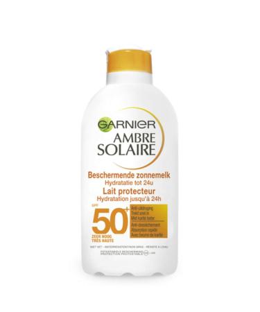 GARNIER Ambre Solaire Hydra 24H - Lait Solaire FPS 50+ - Prot ge des UVA & UVB - Hydratation 24h - Sans Parfum - Absorption Rapide - Au Beurre De Karit - Tous Types de Peaux - 200 ml