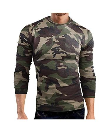 JSPOYOU Mens Camouflage Long Sleeve Athletic Shirts Fitness Military Crewneck Vintage Camo T-Shirts Slim Fit Dry Cool Tops,Green