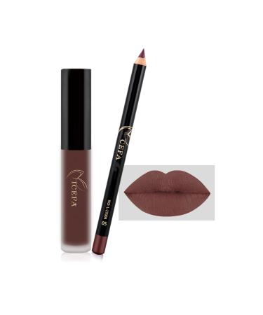 MAEPEOR Matte Lipstick and Lipliner Set 2Pcs Non-Stick Cup Velvety Liquid Lipgloss Set Waterproof and Long Lasting Liquid Lipstick Set for Women and Girls (2PCS Set Brown)