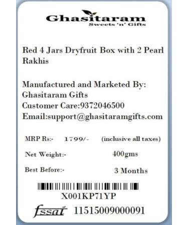 Ghasitaram Gifts Rakhi Gifts for Brothers Dryfruit - Red 4 Jars Dryfruit Box with 2 Pearl Rakhis - Buy Online on GoSupps.com