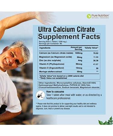 Pure Nutrition Ultra Calcium Citrate 1000mg Supplement with Vitamin D, Zinc, and Magnesium - 90 Veg Tabs | Non-GMO & Gluten-Free - Buy Online on GoSupps.com