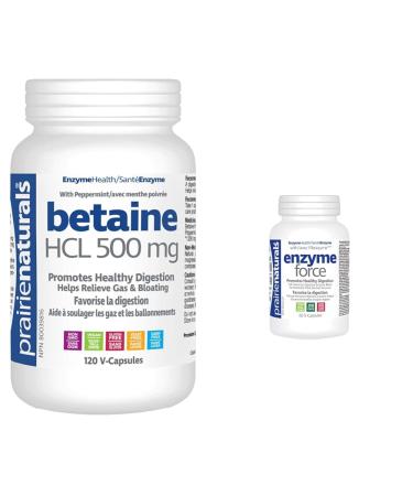 Prairie Naturals Betaine HCL 500mg VCaps - 120 Count & Enzyme Force - Full Spectrum Plant Enzyme with FibraZyme VCaps - 60 Count