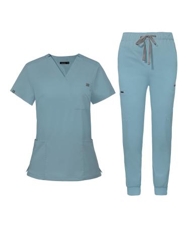 niaahinn Scrub for Women Scrubs Top with Classic V-Neck & Yoga Jogger Pants Medical Nursing Uniform Scrub Set Light Blue Medium