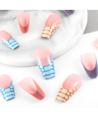 Sethexy Coffin False Nails - Crocodile Pattern Press-On Acrylic Nail Tips | 24 pcs in Pink Blue & Yellow for Women & Girls - Buy Online on GoSupps.com